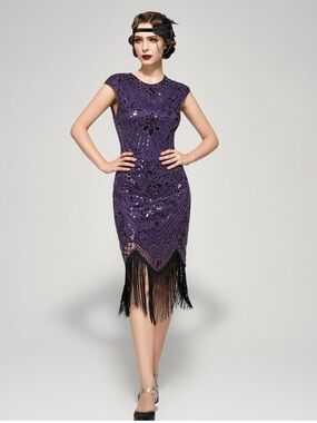 Purple Sequin Flapper Dress L | 1920s Gatsby Beaded Fringe Cocktail Party Glam